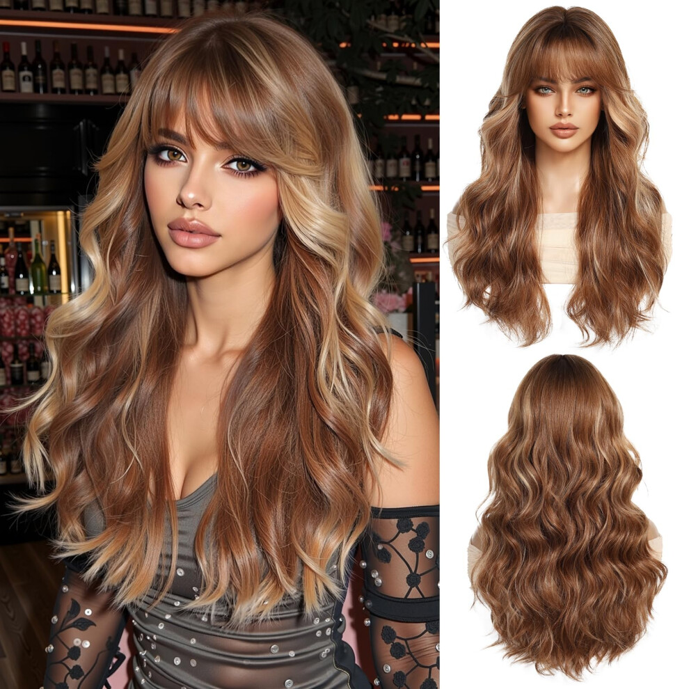 Ombre Ginger Human Hair Wig 24 Inch Long Wavy with Bangs Undetectable Hairline Breathable Cap
