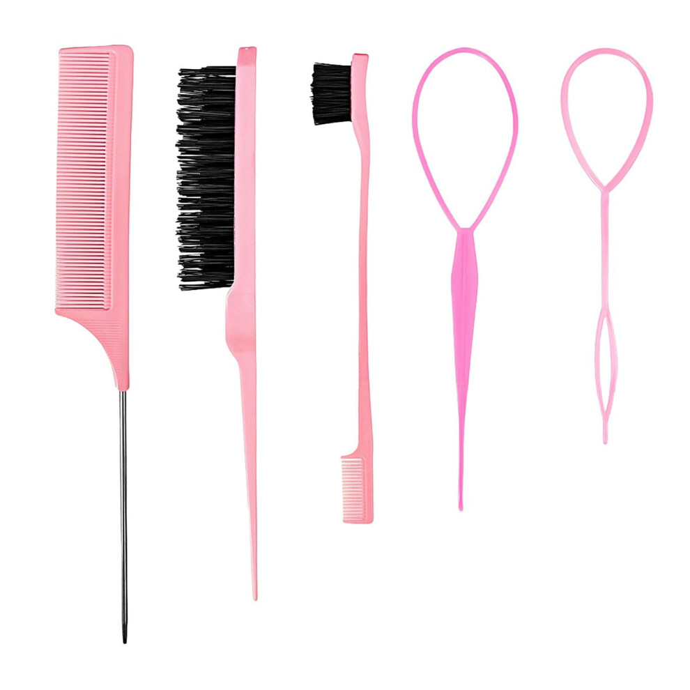 5pcs Pink Hair Styling Comb Set with Teasing Brush and Sectioning Tools for Salon and Home