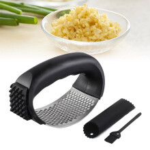 Stainless Steel Garlic Press Rocker and Crusher with Peeler Brush, Ergonomic Grip, Black