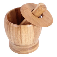 Bamboo Garlic Mortar and Pestle Set with Mess Lid for MultiPurpose Herb and Spice Grinding