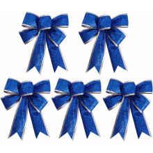 5pcs/Pack Large Christmas Bow Glitter Glittering Fabric Gift Ribbon Xmas Tree Decorations, Blue 9.4in