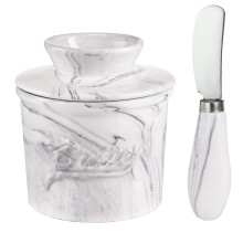 Ceramic Butter Crock with Lid and Knife, Marble Butter Keeper for Countertop, Keeps Butter Fresh