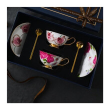 Vintage Ceramic Coffee Cup and Saucer Set 5pcs 220ml with Spoon Retro Pattern Gift for Afternoon Tea
