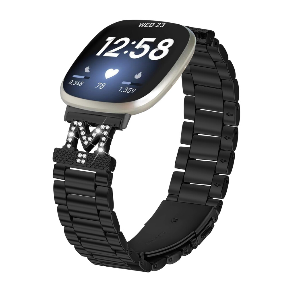 Stainless Steel Bling Rhinestone Adjustable Watch Band With Clasp For Fitbit Versa 4 And Sense 2 Black 9070919187193
