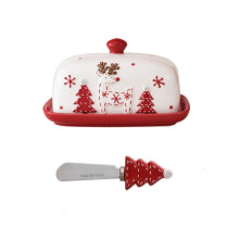 Butter Dish with Lid, Ceramic Nordic Style Covered Plate with Knife, Christmas Gift Set Red