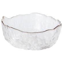 Gold Rim Glass Fruit Bowl 750ml Textured Clear Glass Salad Bowl with Gold Wave Edge Microwave Safe