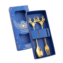 Christmas Cutlery Set Stainless Steel Fork and Spoon with Deer Antler Handle Holiday Gift Box