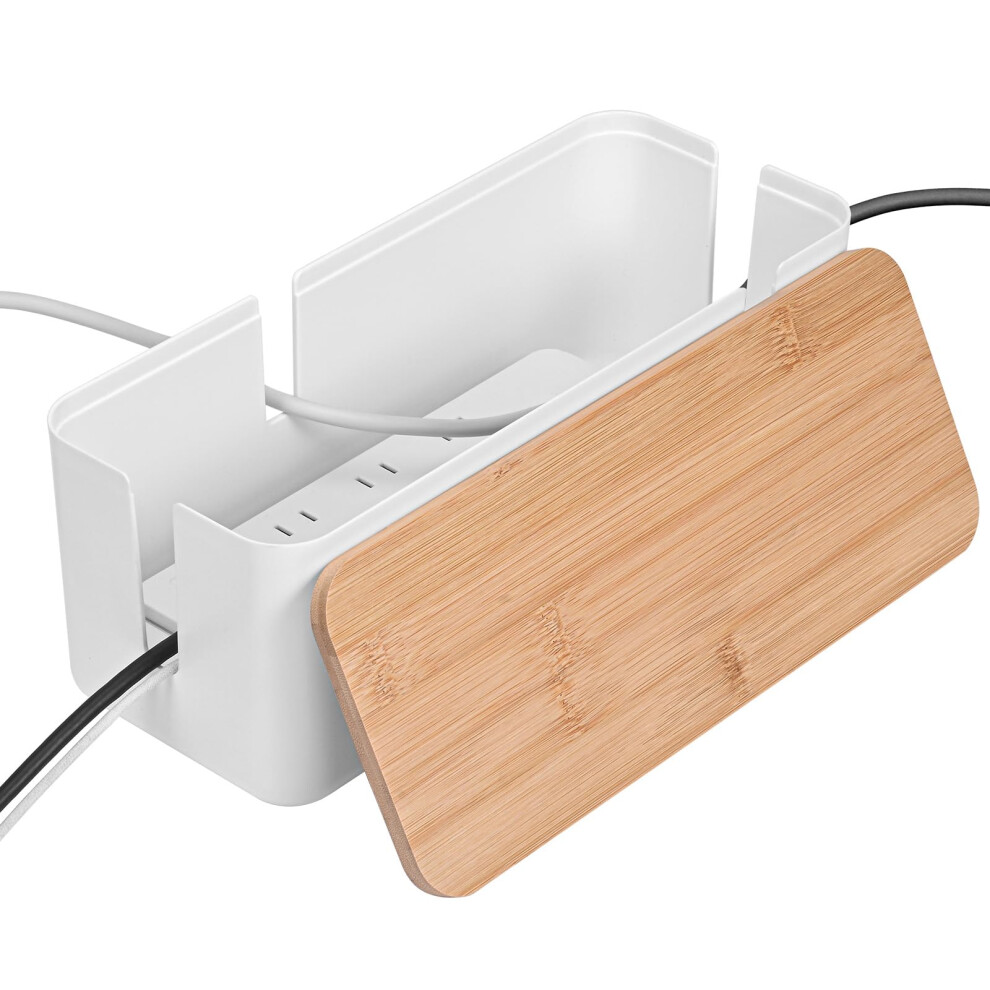 White Cable Management Box With Wooden Lid, Modern Cable Organizer For Power Strips And Cords 9113335146952