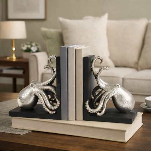 Silver Octopus Bookends Pair | Nautical Resin Shelf Decor 2