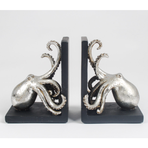 Silver Octopus Bookends Pair | Nautical Resin Shelf Decor