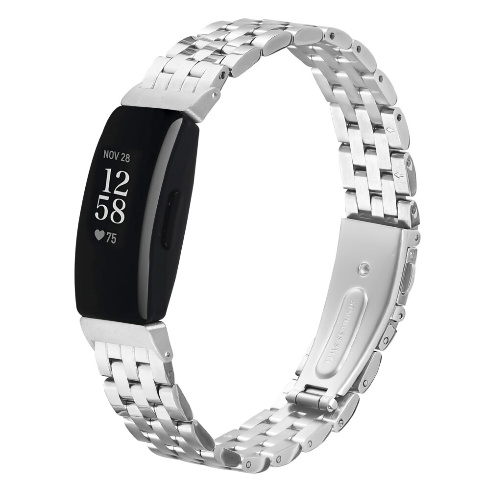 Metal Band With Secure Locking Lugs, Adjustable Folding Buckle Strap For Fitbit Inspire 2 And Fitbit Inspire Hr Silver 9070919195310