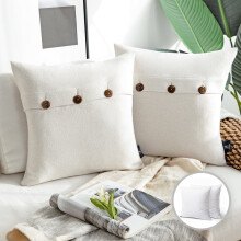 Phantoscope Triple Buttons Cotton Blend Series Farmhouse Square Decorative Throw Pillow Cushion For Couch, 18" X 18", Off White, 2 Pack
