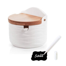 Ceramic Sugar Bowl with Lid and Spoon, Salt Cellar with Bamboo Lid, 8.8oz White Kitchen Set