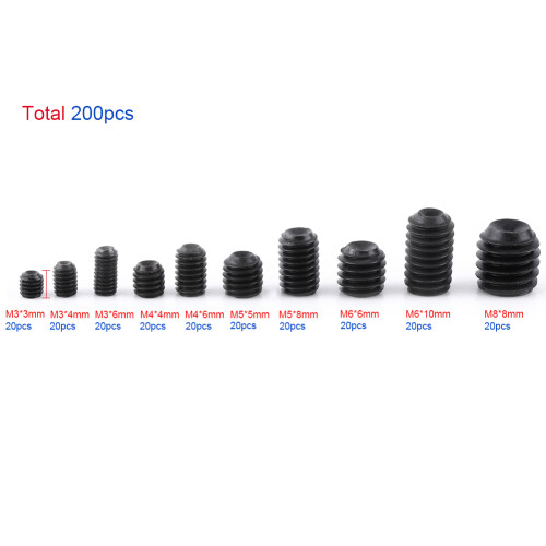 200pcs Hex Socket Head Set Screw Assortment Kit M3-M8 Black
