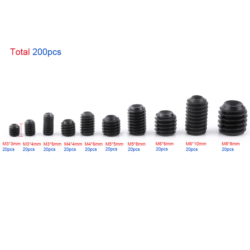 200Pcs Hex Socket Head Set Screw Assortment Kit M3-M8 Black 7631382835121