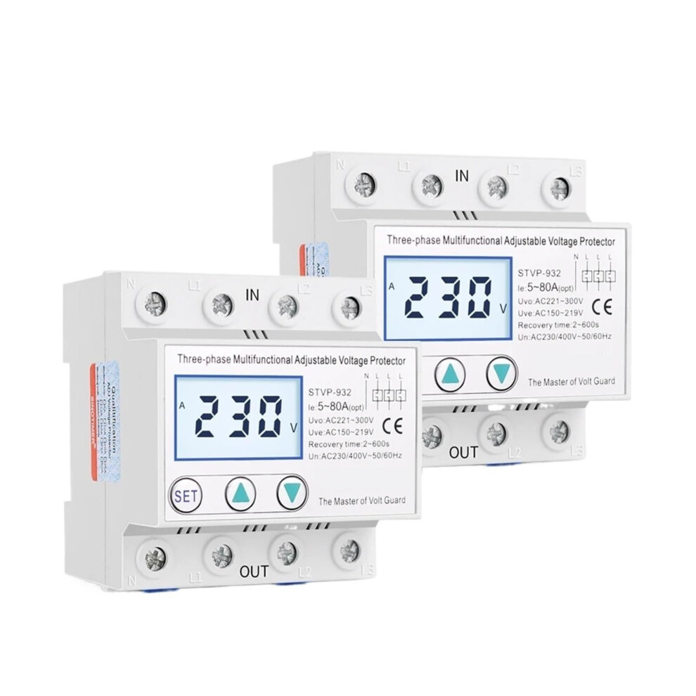 Three Phase Voltage Protector With Circuit Breaker 63A Adjustable Over Under Voltage Protection 9113335150799