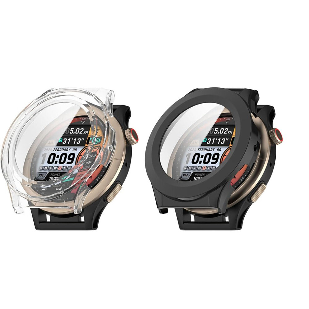 2 Pack Round Case For Amazfit Cheetah Pro With 9H Tempered Glass Full Coverage Shockproof Protection Transparent Black 9113335150881