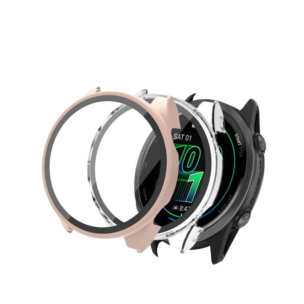 Case For Garmin Forerunner 570 With 9H Tempered Glass Screen Protector, Full Coverage Shockproof Bumper, 2 Pack Transparent And Pink 9070919980480