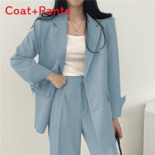 (Blue, 2XL) Elegant Women Suit With Long Sleeves Pockets For Work Outings Supplies Casual