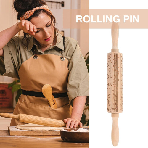 Embossed Wooden Rolling Pin with Music Note Pattern for Effortless Cookie and Pastry Baking 1