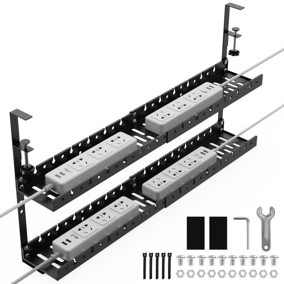 31 Inch Extendable Under Desk Cable Management Tray, Clamp Mounted Metal Cord Organizer Holds 3 Power Strips 9070919207044
