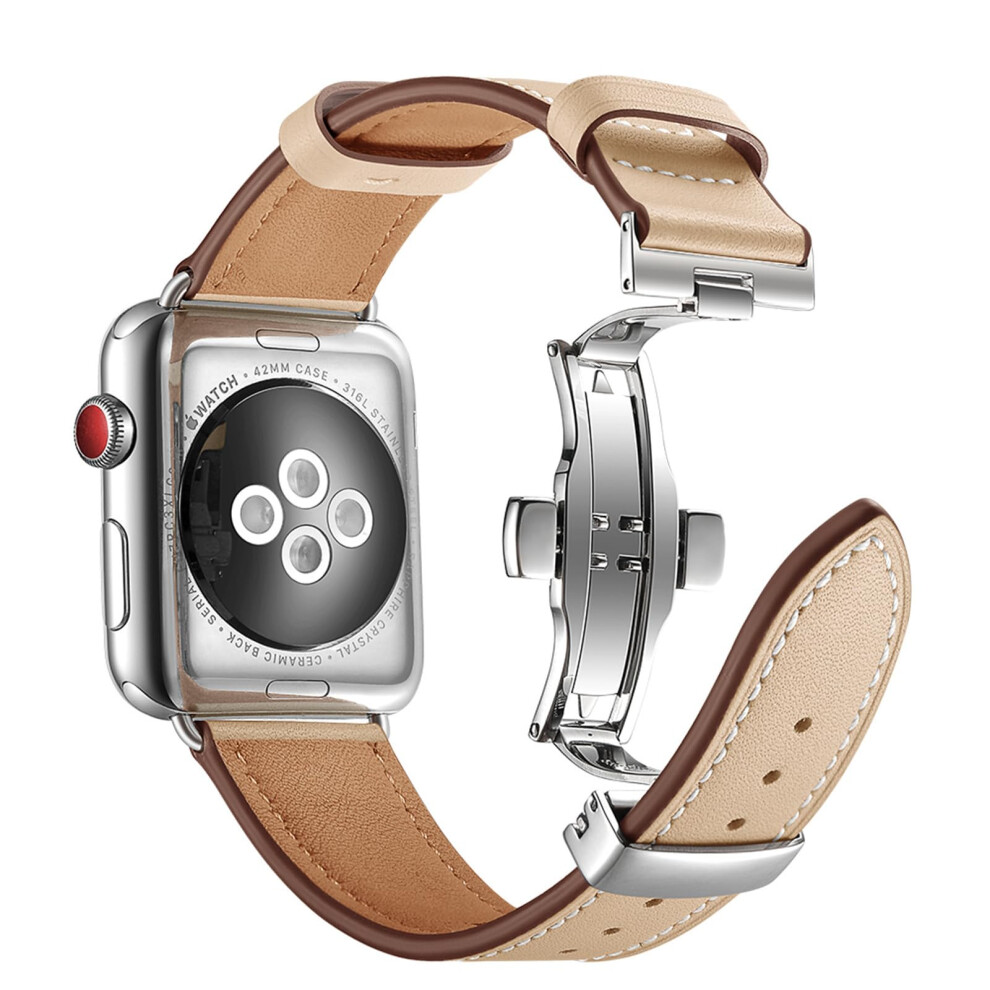 Leather Band With Secure Butterfly Clasp, Italian Calfskin Strap 38Mm Beige For Apple Watch Cream 9113335157972