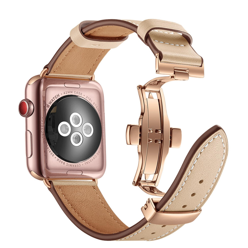 Leather Band With Secure Butterfly Clasp, Handmade Beige Strap For Apple Watch 41Mm Cream 9070919207808