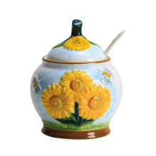 Ceramic Sugar Bowl with Lid and Spoon, Hand Painted Sunflower Spice Storage Jar
