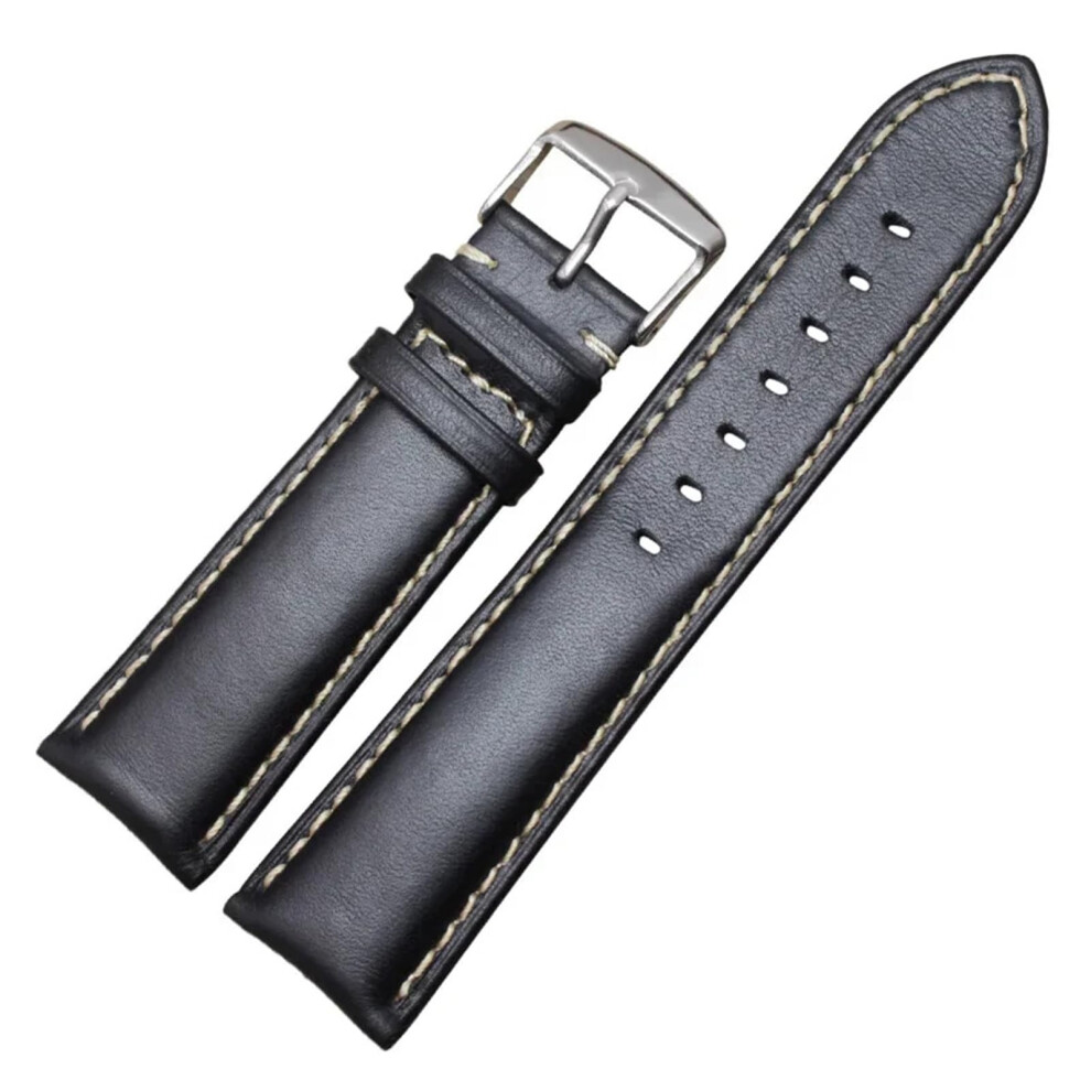 24Mm Black Leather Watch Band Vintage Style With Silver Stainless Steel Buckle Black,Silver 9070919213212