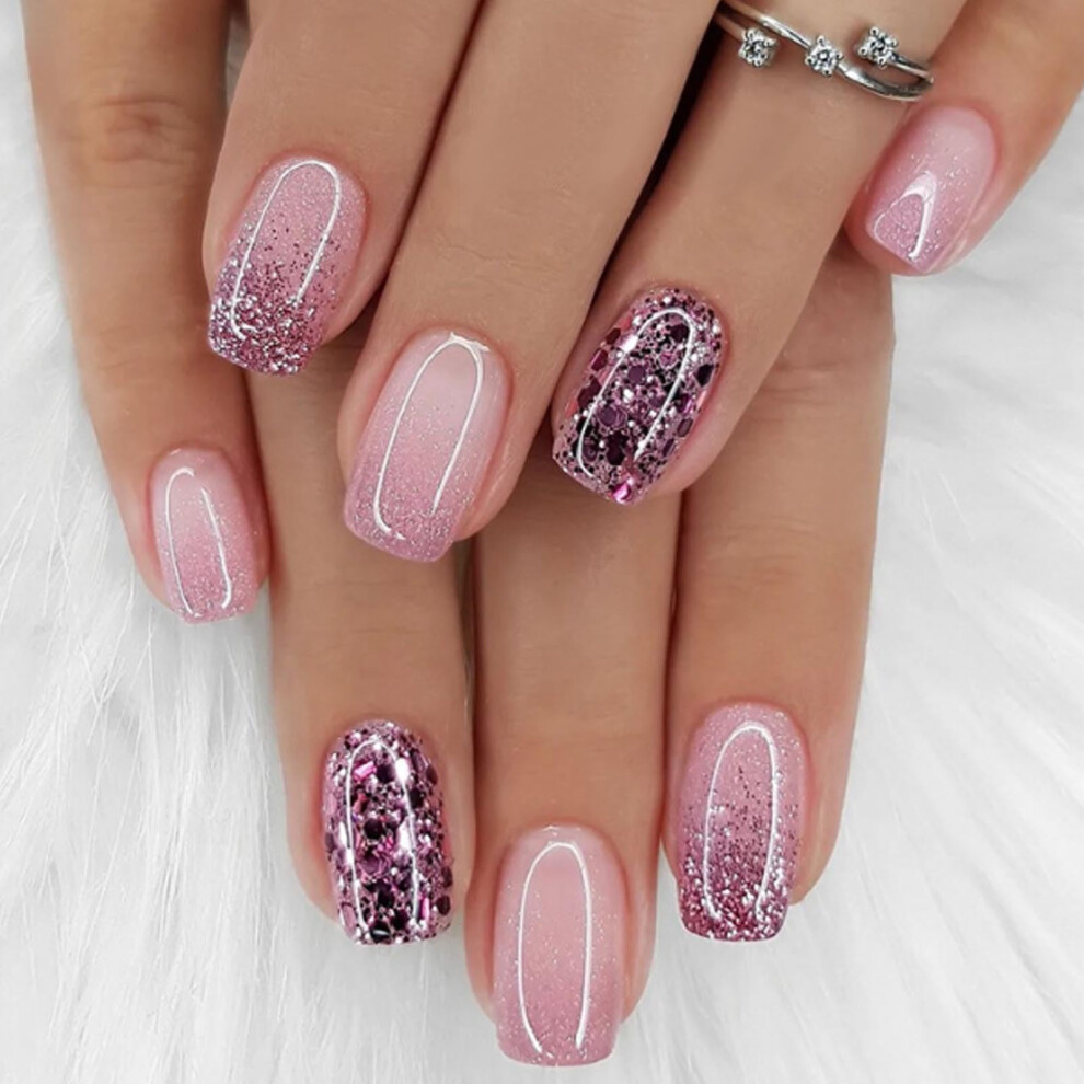Purple Square Medium Press On Nails Set Â Elegant Gradient Bling False Nails, Salonstyle Manicure 24Pcs