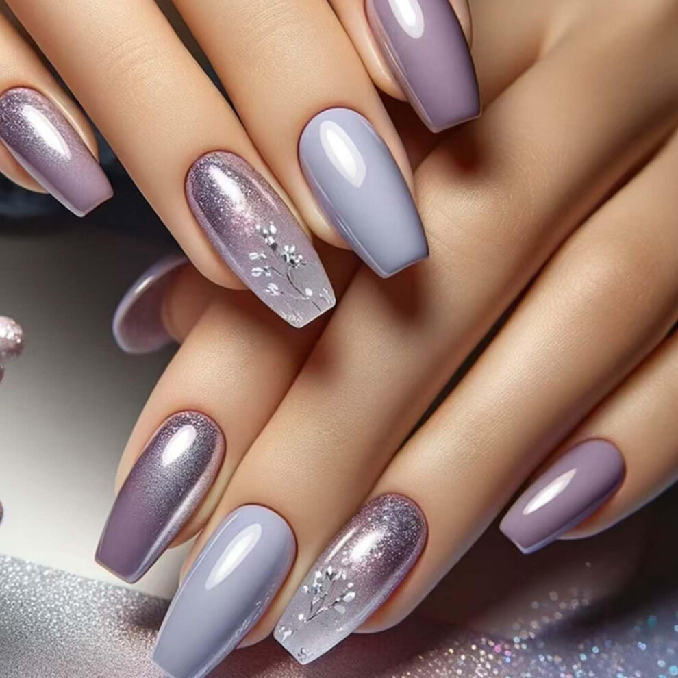 Long Coffin Press on Nails Set Gradient Shiny Full Cover Fake Nail Tips for Women 24PCS