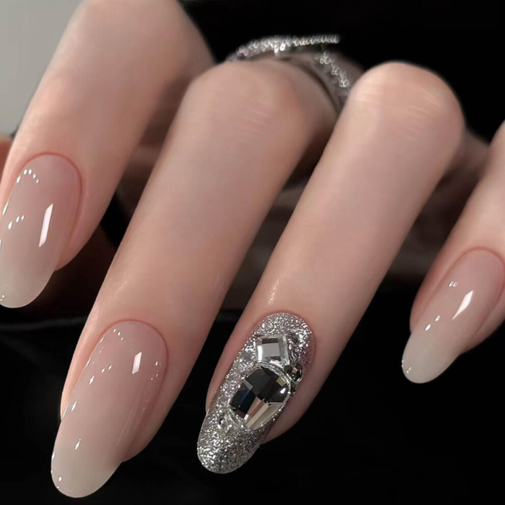 Cream Almond Shape Nude Press On Nails Set With Rhinestones, Medium Length Fake Nails 24Pcs