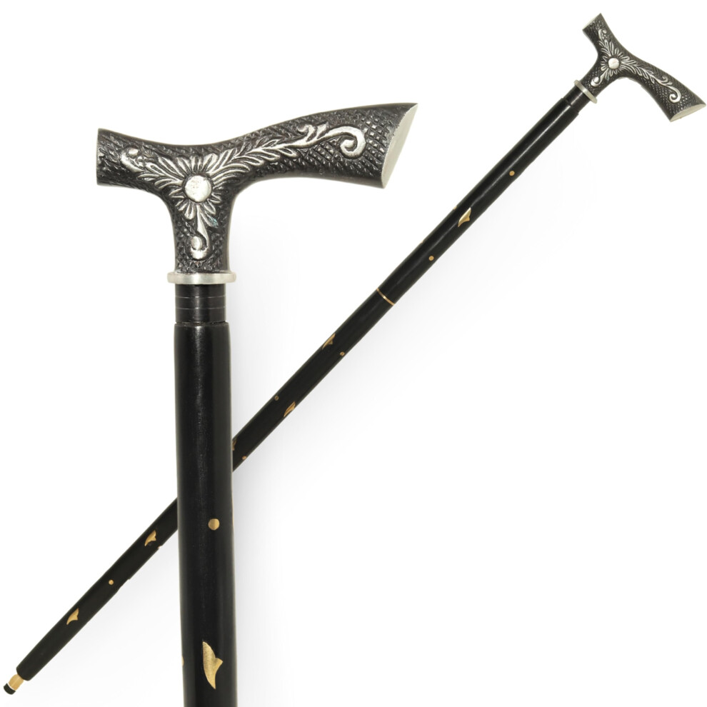 Wooden Walking Cane for Seniors with Ergonomic Nonslip Grip and Vintage Engraved Floral Handle