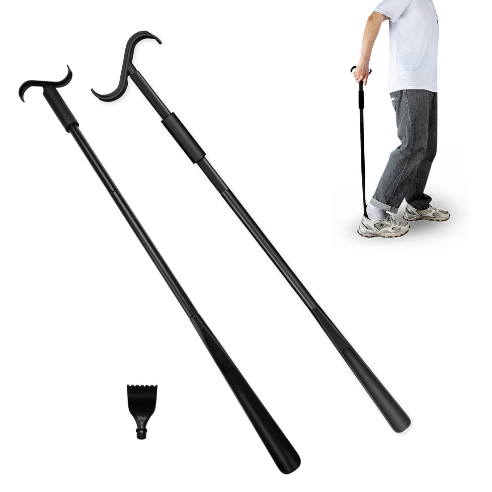 Black Long Handle Shoe Horn And Dressing Stick 3 In 1 Adjustable Ergonomic Grip For Elderly Mobility Aid