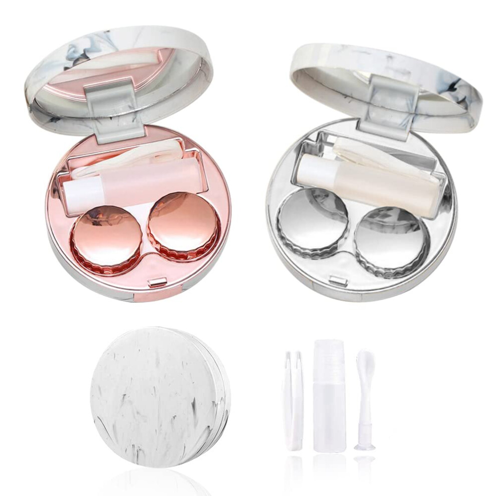 Contact Lens Case Set with Mirror, Round Marble Travel Holder, Rose Gold and Silver Storage Box
