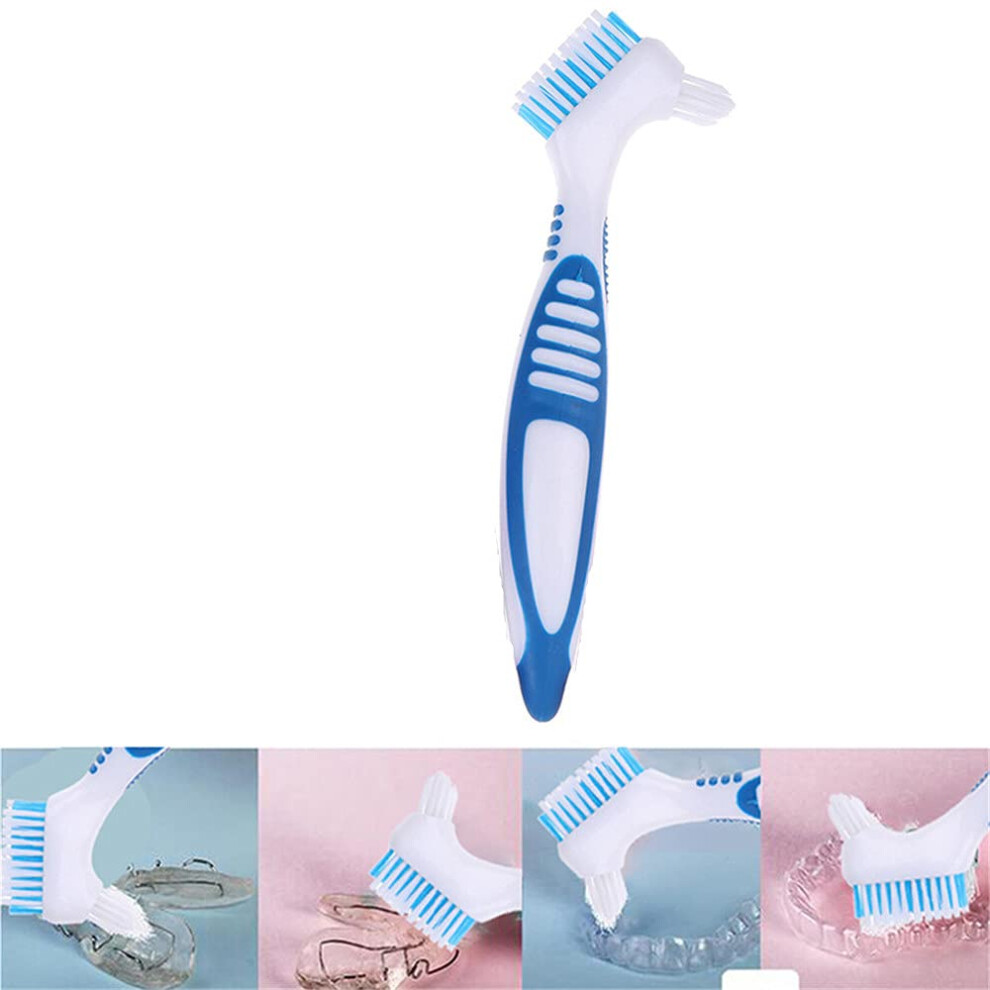 Blue/White Double Sided Denture Cleaning Brush With Ergonomic Grip Handle For False Teeth, And