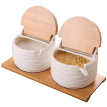 Ceramic Sugar Bowl with Bamboo Lid and Spoon, Small Spice Jars for Kitchen Countertop, 2pcs Set with Wooden Tray