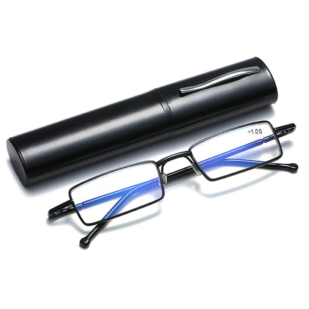Blue/Light Reading Glasses 1.5X Blocking Rectangular Reader For Men And Women With Pen Holder Case