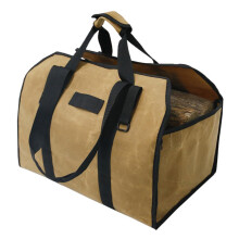 Waxed Canvas Firewood Carrier with Heavy Duty Handles for Camping and Fireplace Khaki Log Tote