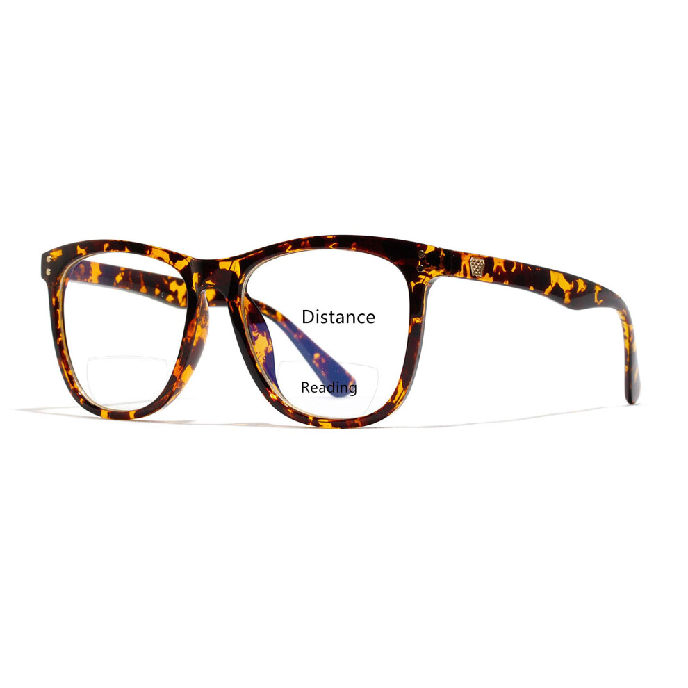 Blue/Light Leopard Oversized Bifocal Reading Glasses 1.75X Clear Magnification Blocking Women