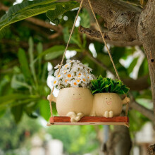 Hanging Planter Swing Face Pot with Drainage Holes, Resin Smiley Design for Indoor Outdoor Plants, Khaki