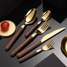 Gold Stainless Steel Cutlery Set 30pcs with Wooden Handle, Elegant Mirror Finish, Dishwasher Safe