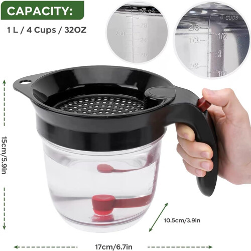 Fat Separator with Bottom Release, 4Cup Gravy Strainer with Builtin Filter, Clear Cup, Black Lid 2