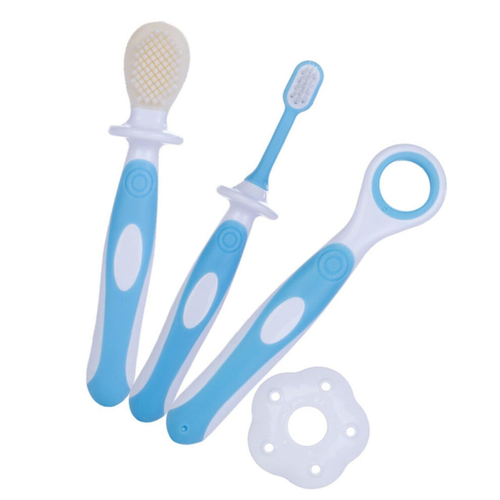 Baby Silicone Toothbrush With Tongue Cleaner, Soft Doublesided Bristles, Antislip Grip, Blue