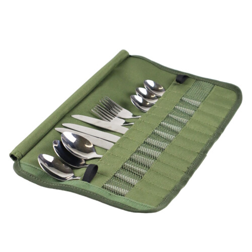 Camping Utensils Organizer with MultiCompartment Durable Canvas Foldable Cutlery Storage Bag