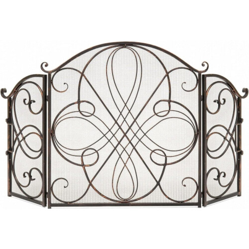 Wrought Iron Fireplace Screen with Doors, 3 Panel Spark Protection Mesh, Decorative Safety Guard