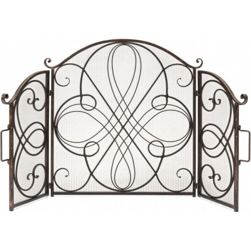 Wrought Iron Fireplace Screen with Doors, 3 Panel Spark Protection Mesh, Decorative Safety Guard 2
