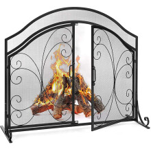 Wrought Iron Fireplace Screen with Doors, Arched Foldable Standing Safety Guard for Wood Burning