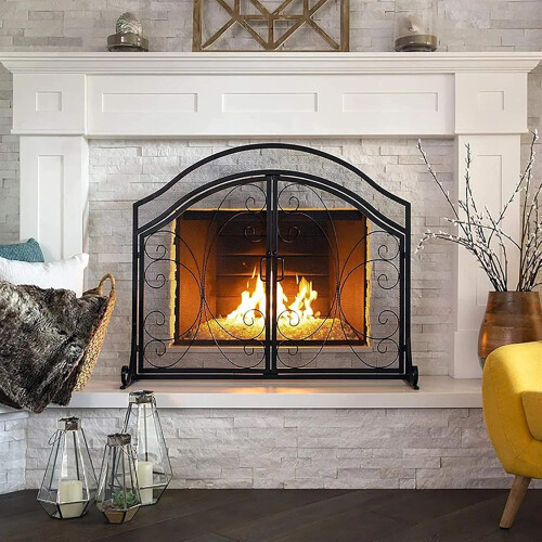 Wrought Iron Fireplace Screen with Doors, Arched Foldable  Standing Safety Guard for Wood Burning 2