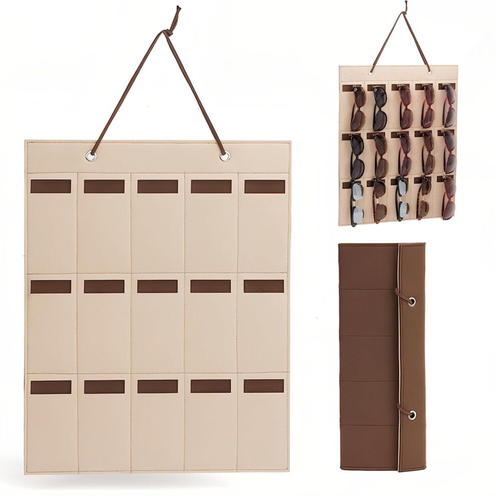 Sunglasses Organizer Wall Mounted Foldable Felt Glasses Holder for 15 Pair Eyewear Storage Coffee